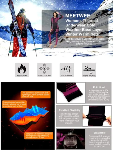 Miniatura 3 de MEETWEE Ropa interior térmica para mujer, Long Johns Ski para clima frío, capa base, cálida parte superior e inferior de invierno para correr