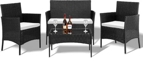 Outvita Juego de muebles de patio de 4 piezas, juegos de conversación de ratán con sofá biplaza suave y mesa de cristal para jardín, patio, balcón,