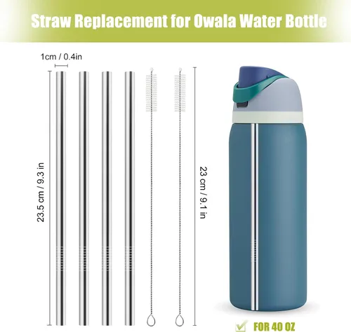 Miniatura 2 de Repuesto de pajita de metal para botella de agua Owala de 40 onzas, accesorios, con 2 limpiadores de pajitas, pajitas reutilizables de acero