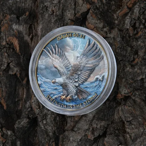 Miniatura 4 de Moneda de desafío de águila 3D de doble cara de aleación de zinc de 1.57 pulgadas, diseño inspirador colorido con Isaías 40:31, tema de fuerza