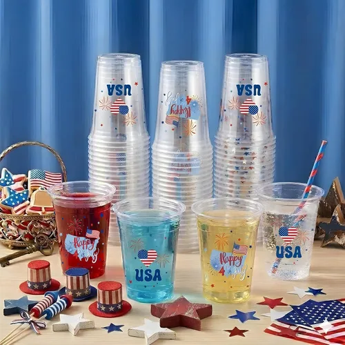 Miniatura 4 de 40 tazas para el 4 de julio, vasos patrióticos de plástico de 16 onzas, tazas desechables de fiesta de banderas estadounidenses, tazas de 250