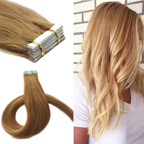 Extensiones de cabello humano Remy con cinta adhesiva sin costuras (16 pulgadas, 10 unidades, rubio ceniza)