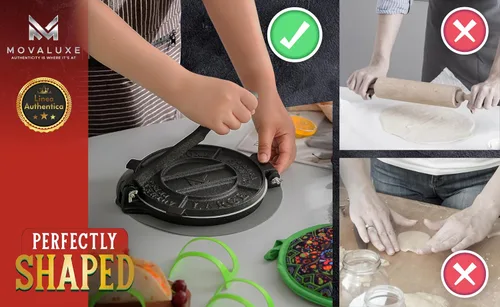 Miniatura 7 de Movaluxe® Prensa de tortilla de hierro fundido de 8 pulgadas GRANDE - Máquina para hacer maíz y harina Roti Prensador de tortillera resistente. Con