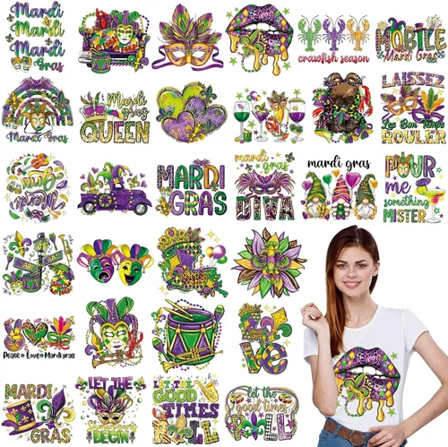 Qeeenar 30 hojas de Mardi Gras termotransfers para mascarada, payaso y labios enanos, listos para prensar, parches de calor verdes, morados,
