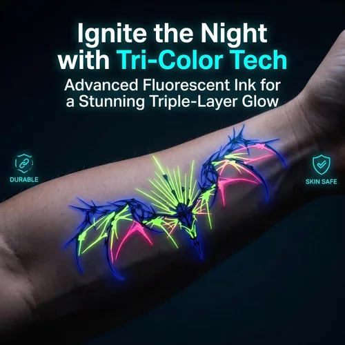 Miniatura 3 de Kotbs 9 hojas de tatuajes temporales que brillan en la oscuridad para mujeres y hombres, alas de serpiente florales de neón UV, tatuajes falsos