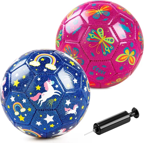 ZOOJOY Balón de fútbol de tamaño 2 para niños pequeños, paquete de 2 pelotas de fútbol para niños con bolsa de malla de bomba, mariposa y unicornio