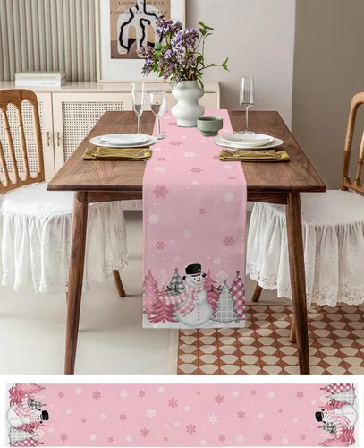 Miniatura 3 de Camino de mesa de muñeco de nieve rosa rubor, lino de algodón, bufandas de 36 pulgadas, diseño de lunares de Navidad para cocina, café, comedor