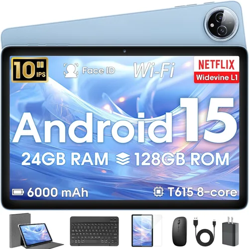 Tablet Android 15 de 10 pulgadas, 24GB RAM 128GB ROM, Tabletas con Funda de Teclado Ratón Stylus, 1TB Expandible, Octa-Core 6000mAh 1280x800 IPS HD,