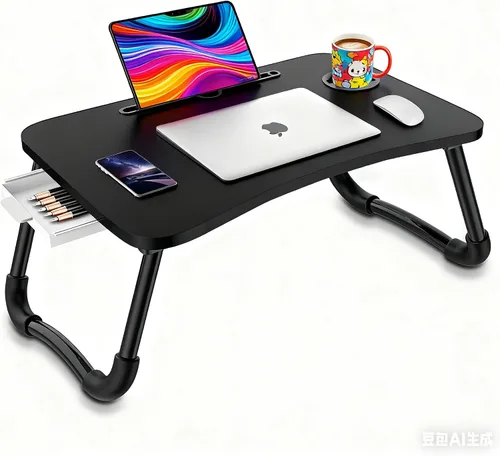 Miniatura 8 de Fayquaze - Escritorio portátil plegable para cama con cajón de almacenamiento y portavasos - Escritorio de regazo para portátil, soporte y bandeja