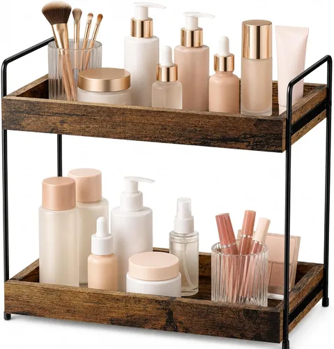 Miniatura 7 de MAHUEEOL Organizador de Baño de 2 Niveles para Encimera, Bandejas de Baño de Madera para Encimera, Organizador de Tocador de Cosméticos