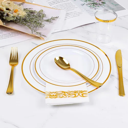 Miniatura 3 de MCIRCO - Platos de plástico dorados, 100 platos desechables de fiesta para bodas, platos de borde dorado de primera calidad, incluye 50 platos