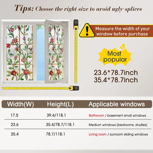 Miniatura 7 de Windimiley Película decorativa para ventana de vitral, 3D con diseño floral de rosas, película adhesiva estática de privacidad que difunde la luz