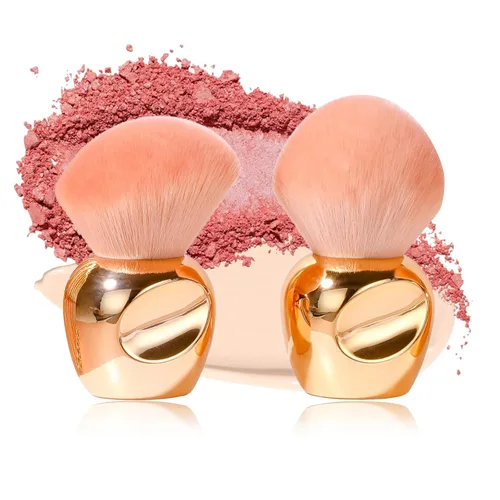 Oneleaf Kabuki - Brochas de maquillaje sintéticas de alta calidad, para cuerpo plano, base de maquillaje Kabuki, juego de 2 piezas, dorado (redondo)