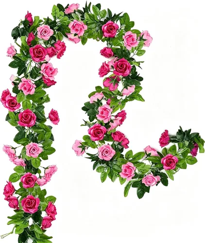 Floweroyal Paquete de 2 guirnaldas de flores artificiales de 15.8 pies, flores de seda falsas de hiedra rosa para colgar en el arco de boda, fiesta,