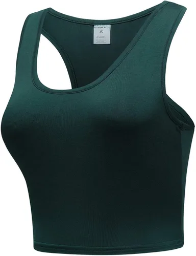 Miniatura 2 de OThread & Co. Camiseta corta básica para mujer, elástica, casual, cuello redondo, espalda cruzada, deportiva, sin mangas