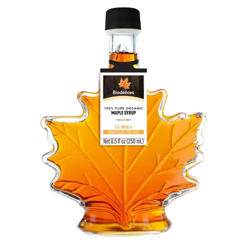 Miniatura 10 de Biodélices - Jarabe de arce orgánico 100 % puro, grado A, lo mejor de Quebec en elegante botella de hoja de arce de Biodélices