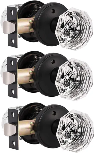 Miniatura 12 de Gobrico Pomo de puerta de cristal para dormitorio y baño con roseta clásica negro mate, diamante transparente octogonal para puerta interior, 1