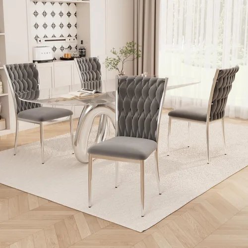 Miniatura 9 de Juego de 2 sillas de comedor de terciopelo, modernas sillas de cocina tejidas con patas de metal dorado, cojín tapizado con respaldo alto