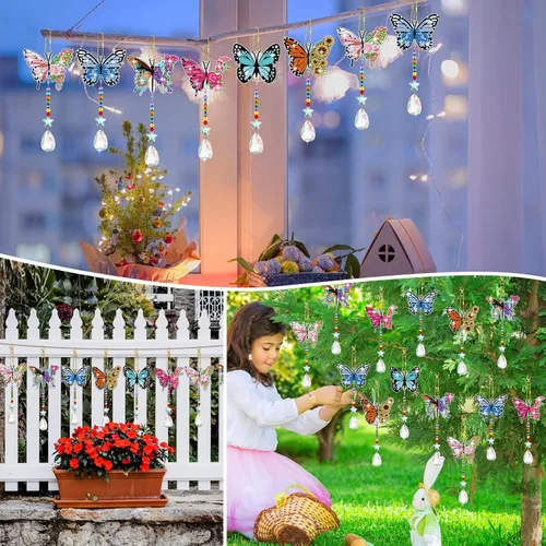 Miniatura 6 de Tradder Juego de 6 carillones de viento con diseño de diamantes de mariposa, decoración de árbol de verano, adornos de pintura de diamante 5D