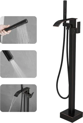 Miniatura 13 de RUMOSE Grifo Llenador de Bañera Independiente Grifo de Bañera Negro Mate Montaje en Piso Grifo de Bañera Cascada Independiente Llenador de Bañera
