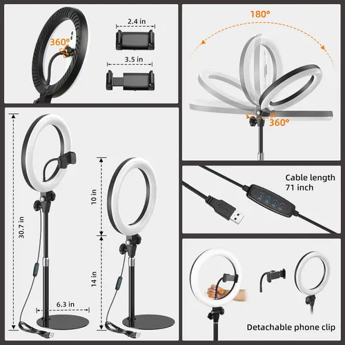 Miniatura 5 de Anillo de luz de escritorio de 10 pulgadas con soporte, iluminación de zoom con soporte para teléfono para computadora, videollamadas, conferencias