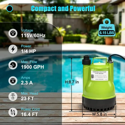 Miniatura 3 de FLUENTPOWER Bomba de sumidero sumergible portátil de 1/4 HP de 1900 GPH, control manual con cable de 16.4 pies para drenar el agua de la piscina