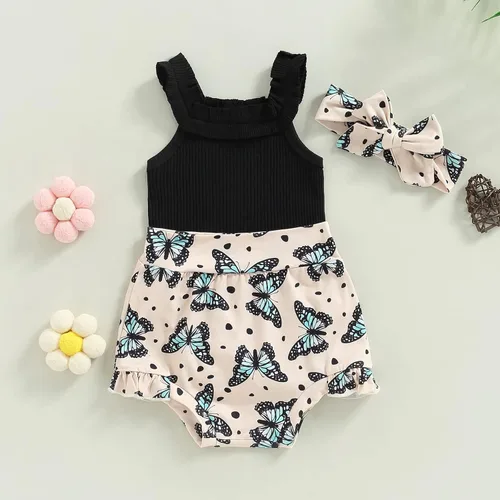 Miniatura 156 de TheFound Trajes de verano para niñas pequeñas, sin mangas, de punto acanalado, halter, pantalones cortos, ropa para recién nacidos, conjunto de 3