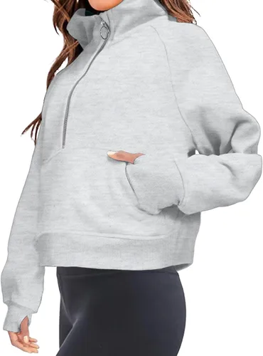 Miniatura 4 de FKEEP Womens Half Zip Hoodies Quarter Zipper Up Cropped Sweatshirt Long Sleeve Athletic Pullover Tops with Thumb Hole