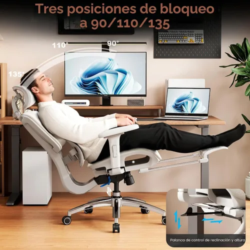 Miniatura 9 de Vonesse Silla de oficina ergonómica con reposapiés, sillas de escritorio con reposacabezas y reposabrazos ajustables 3D, silla de juegos de Blanco
