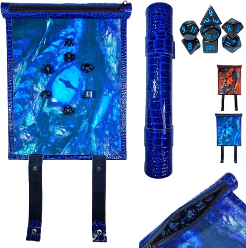 Miniatura 6 de Dungeon - Alfombrilla rodante de dados 2 en 1 de dragón y soporte para dados + juego de dados poliédrico D&D, 7 piezas, pergamino plegable portátil
