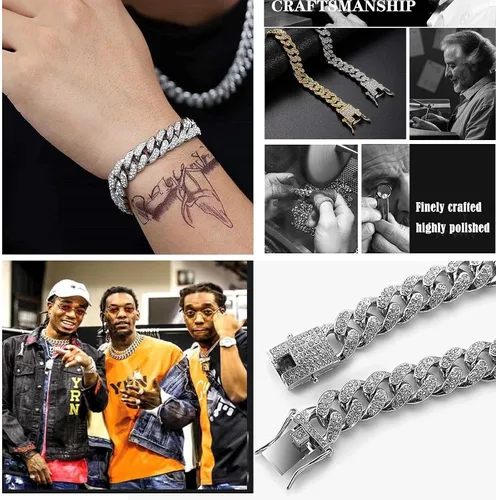 Miniatura 2 de Honsny Cadena de eslabones cubanos para hombres y mujeres de 0.512in, pulsera de eslabones cubanos helados para hombres, niños y niñas, collar