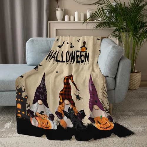 Miniatura 3 de Manta de gnomo de Halloween, manta de franela de forro polar, manta de murciélagos de Halloween con gato negro, ligera, acogedora, cálida, mullida