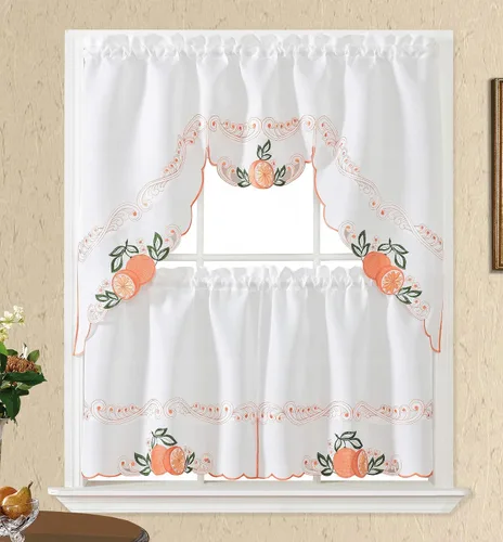 GOHD Sweet Harvest. Juego de 3 cortinas de cocina tipo café. Bonito diseño de frutas bordadas con calados. (Festón y niveles de 24 pulgadas, Orange