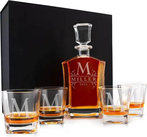 Juego de decantadores de whisky personalizados, 9 opciones de diseño, 5 decantadores de licor de cristal personalizables con tapón de vidrio (24.3