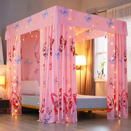 Miniatura 4 de Mengersi Cortina de cama con poste de cuatro esquinas de princesa para niñas, adultos y niños (tamaño matrimonial, mariposa azul)