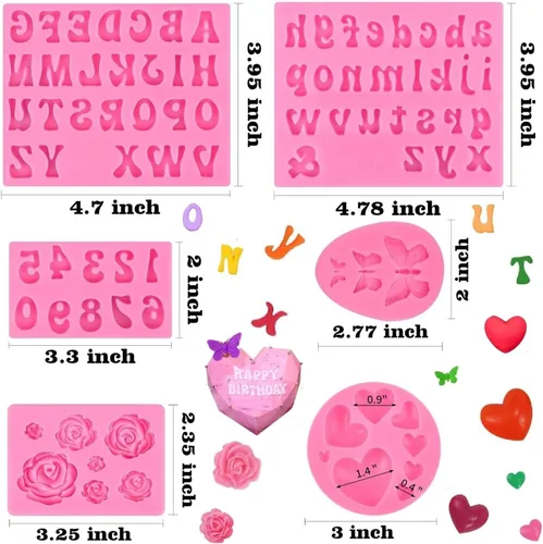 Miniatura 2 de Moldes de Silicona con Letras del Alfabeto para Chocolate, 6 Piezas Moldes de Fondant en Forma de Letras, Números, Flores, Mariposa, Corazón
