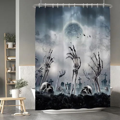 Miniatura 113 de Cortina de ducha de fantasma y gato negro para niños, 36 x 72 pulgadas, espeluznante y bonita, cortina de baño de Halloween con 6 ganchos, cortina