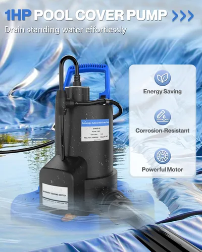 Miniatura 5 de Bomba automática de cubierta de piscina, bomba de agua sumergible de 1 HP 5000 GPH con válvula de retención y 3 adaptadores, cable de 29.5 pies