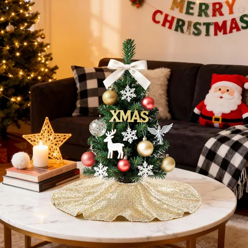 Miniatura 7 de Faldón para Árbol de Navidad 24 Pulgadas Redondo de Champán, Faldón Pequeño para Árbol de Navidad, Adornos de Navidad Lentejuelas para Fiesta de Año