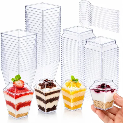 Oomcu Mini tazas de parfait cuadradas transparentes desechables para yogur, helado, mousse, aperitivos, embutidos, pudín, gelatina, dulces,