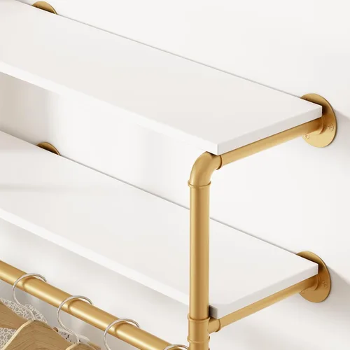 Miniatura 5 de ORSENIGO - Perchero Industrial de Tubo con Estantes, Perchero de Ropa Dorado Montado en Pared para Hogar y Venta Minorista