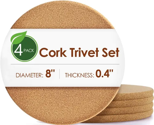 Almohadillas calientes de corcho para cocina, paquete de 4 salvamanteles de corcho grueso de alta densidad para platos calientes, 8 pulgadas,