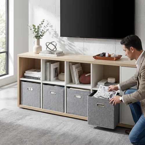 Miniatura 8 de Cubos de almacenamiento de tela gris de 12 x 12 pulgadas, paquete de 4 cubos organizadores plegables con aspecto de lino con asas, cestas plegables