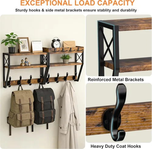 Miniatura 2 de Perchero grande mejorado de 3 niveles con estante, soporte de pared versátil 4 en 1 para colgar abrigos y llaves, estante de pared de entrada de 32
