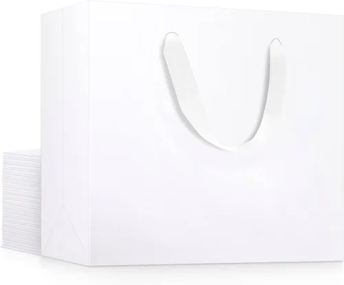 EUSOAR Bolsas de papel de estraza de regalo con asas, paquete de 20 bolsas pequeñas de papel kraft blancas de 10.6 x 3.1 x 8.3 pulgadas, bolsas