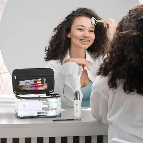 Miniatura 5 de HAOGUAGUA Bolsa de maquillaje transparente para cosméticos con compartimento para cepillos, portátil, impermeable, bolsa de aseo transparente