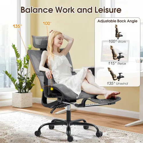 Miniatura 6 de Silla de oficina ergonómica con soporte lumbar ajustable, reposabrazos y reposacabezas 3D, silla reclinable de 135° con reposapiés, silla giratoria