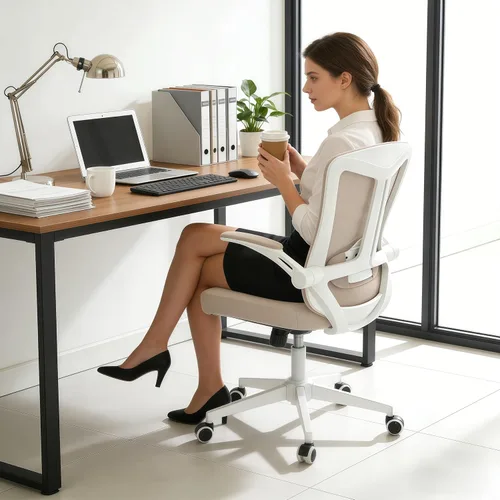 Miniatura 7 de poki Silla de oficina ergonómica, silla de escritorio de oficina en casa con ruedas, silla de oficina de malla con soporte lumbar, cómoda silla