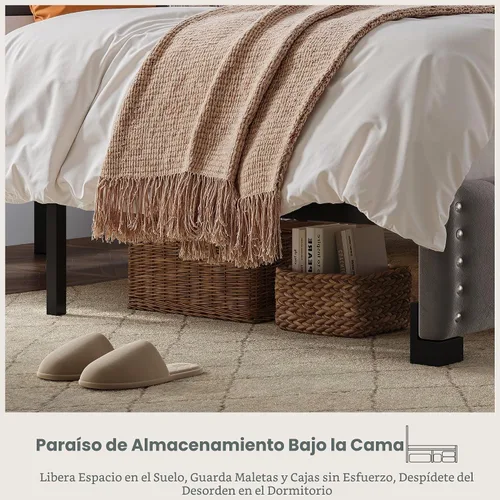 Miniatura 6 de EnHomee Base de cama de plataforma individual con cabecera ajustable tapizada de terciopelo, luces LED y estación de carga para dormitorio, Beige