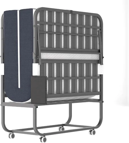 Miniatura 12 de Cama plegable de 75 x 31 pulgadas con colchón para adultos, cama enrollable portátil con ruedas, cabecero y bolsillo, colchón de espuma